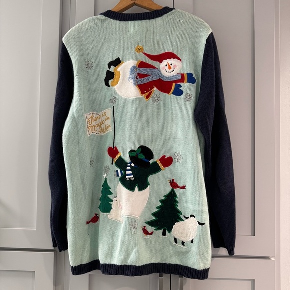 Quacker Factory Snowman Winter Cardigan‎ Sweater Appliqué Beads Colorful Large - Picture 2 of 11